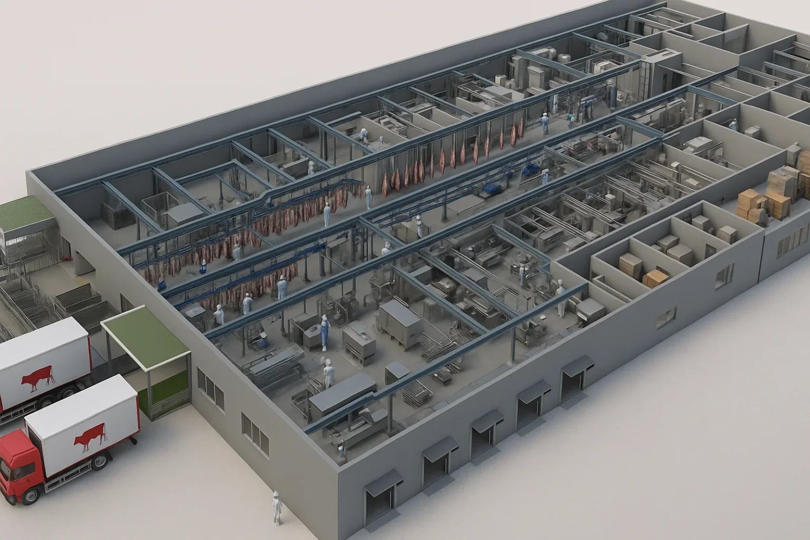 Three-dimensional rendering of a modern meat processing campus with loading bays and internal production areas